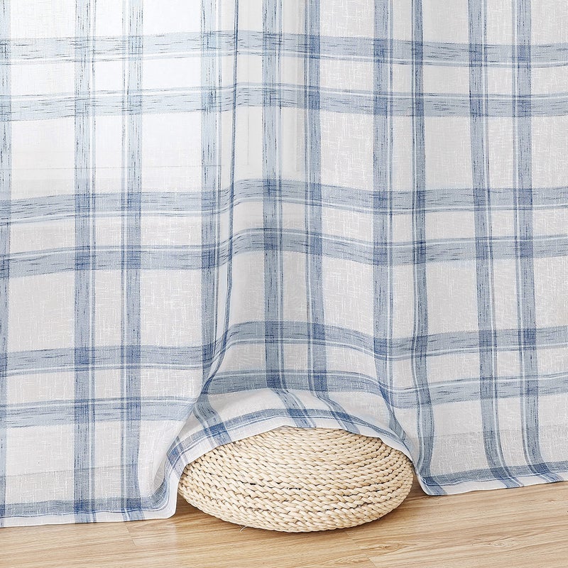 Randall Modern Geometric Curtain Panels Pair Soft Touch Light Filtering Blue semi-Sheer Linen-Look Drapes with Nickel Grommet Top,Rustic Farmhouse Style Drapes for Living Room,63 inch,2 Panels - Image 3